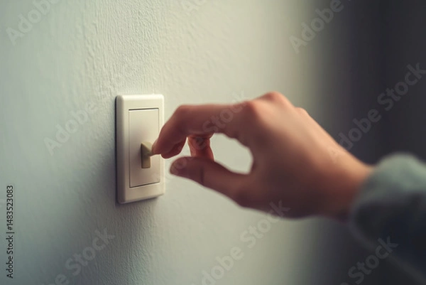 Fototapeta person is reaching for a light switch. The switch is white and is located on a wall