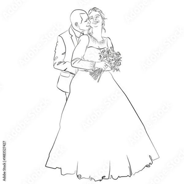 Fototapeta Newlyweds one line drawing. Happy wedding couple silhouette figures. Minimalist simple vector illustration. Wedding photo session art. Lovers print.