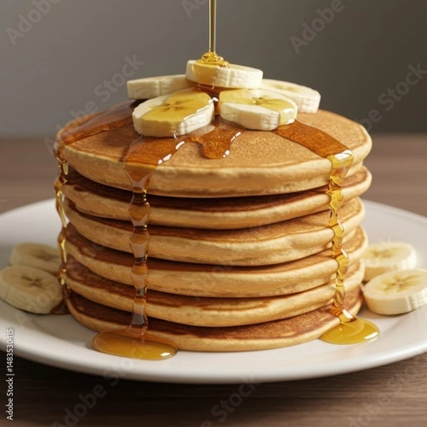 Obraz Stack of pancakes with banana and syrup. use cases: breakfast, dessert.
