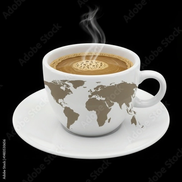 Obraz Coffee cup with world map isolated on black background. use for beverage, drink, cafe.