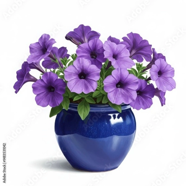 Obraz Petunia flowers in blue pot isolated on white background. use for decoration, cards, and design