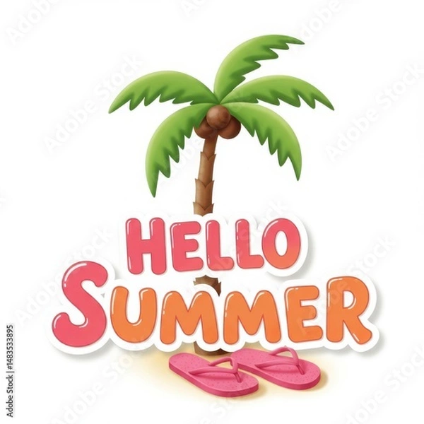 Obraz Hello summer with palm tree isolated on white background for greeting cards, posters, and social media posts