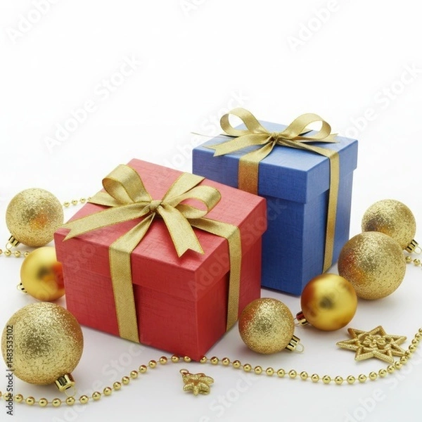 Obraz Festive gift boxes isolated on white background for holidays, christmas, birthday use cases.
