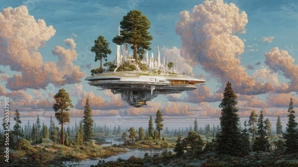 Fototapeta A Futuristic Floating City Above a Serene Forest Landscape