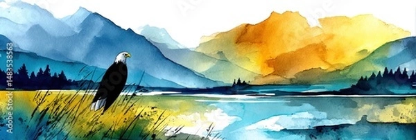 Fototapeta watercolor bald eagle overlooking natural american landscape