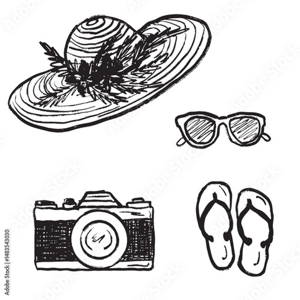 Fototapeta Women summer beach hat with flowers, vintage camera, sunglasses and flip flops in black brush stroke texture isolated on white. Hand drawn vector sketch illustration in vintage charcoal ink.
