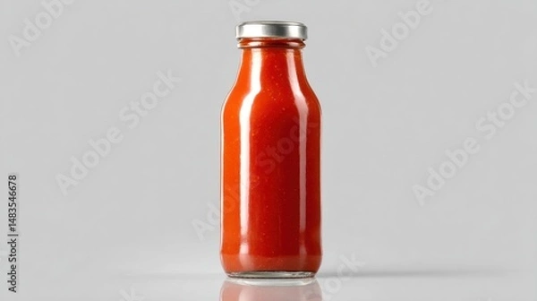 Fototapeta Red sauce in a clear glass bottle with a metal cap