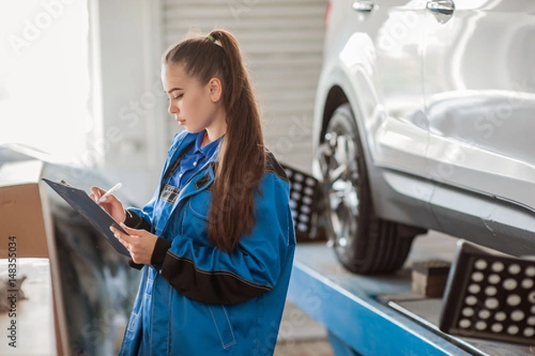 Obraz Young beautiful girl at an auto mechanic at work