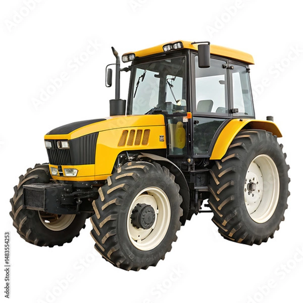 Obraz Large yellow tractor, powerful with four wheels and cab enclosure, perfect for agricultural and heavy terrain tasks, isolated on a transparent background