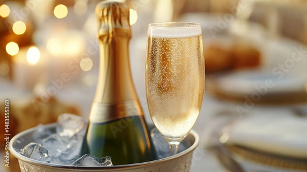 Obraz Chilled champagne bottle in ice bucket beside flute on elegant table  