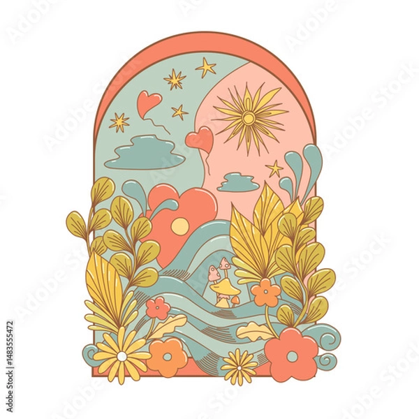Fototapeta Psychedelic Floral Arch with Mushrooms, Clouds and Retro Sun – Vector Illustration Surreal psychedelic arch illustration in a retro hippy aesthetic. 