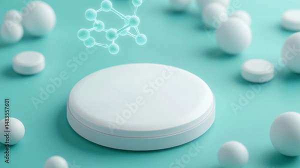 Obraz Futuristic digital pill surrounded by small white tablets on teal background  