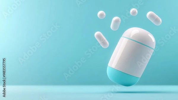 Obraz Futuristic digital capsule with floating pills on turquoise background  