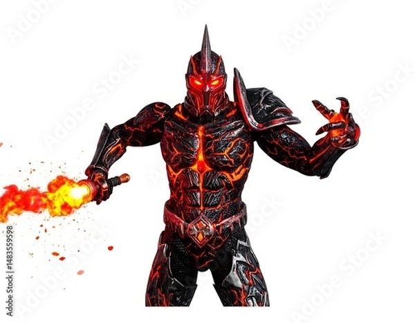 Fototapeta Fiery Warrior Figure In Detailed Armor With Glowing Red Eyes Holding Flaming Sword