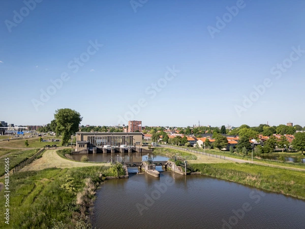 Fototapeta Gouda polder pumping station called Boezemgemaal or P.A. Pijnacker Hordijkgemaal in Dutch Netherlands waterboard management civil engineering transfers water from Rijnland polder into the river Ijssel
