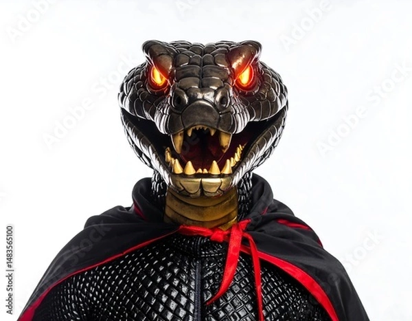 Fototapeta Person in a Snake Mask with Red Eyes and Black Cape on White Backdrop