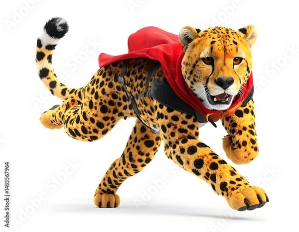 Fototapeta Cheetah In Superhero Costume Running On White Background Depicting Speed and Action