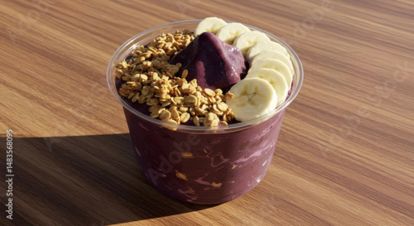 Fototapeta  Copo de açaí cremoso com rodelas de banana e granola crocante sobre mesa de madeira clara.