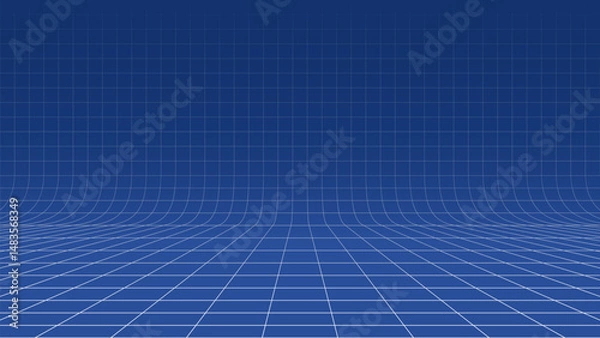 Fototapeta Blue background with white perspective grid lines creating a square pattern. Template platform for technology, user interface, industry, science, blueprint, or infographic concept. Vector illustration