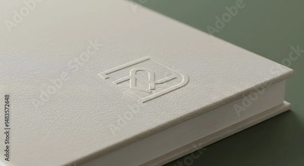 Fototapeta Close up of a white book with an embossed logo on the cover sitting on a green surface