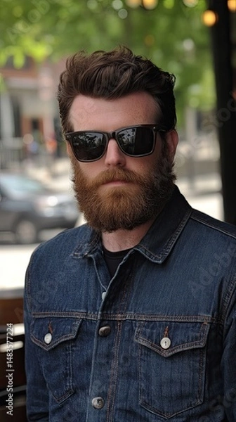 Fototapeta Portrait of a man with a beard wearing a denim jacket and sunglasses outdoor with blurred background