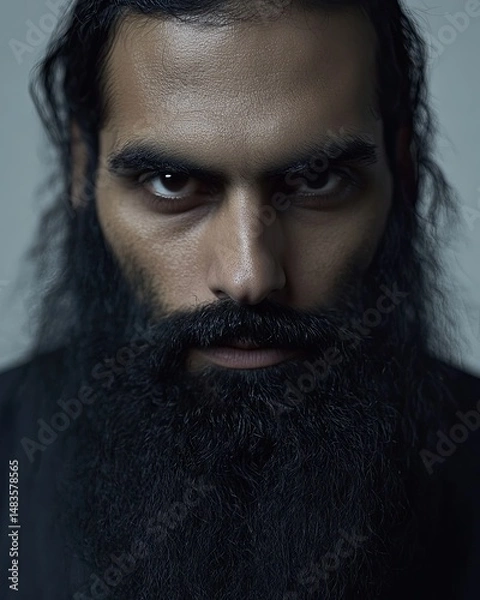 Fototapeta Portrait of a man with a long black beard and hair facing the camera. The image has a dark, dramatic atmosphere. The man's face and hair have sparkling details against a gray background.