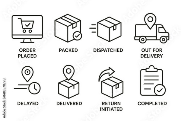 Fototapeta E-commerce order tracking stages: delivery process icons illustrated