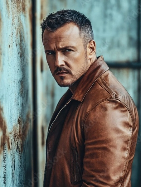 Fototapeta Portrait of a middle-aged man in a brown leather jacket leaning against a weathered metal wall with textured rust spots. The man has short hair and intense eyes staring at the camera.