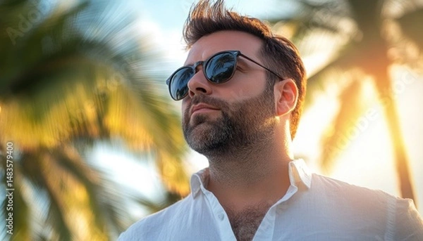 Fototapeta A man with beard and sunglasses looking up during bright sunset with palm tree. He wears a white shirt. The background is blurred with light.