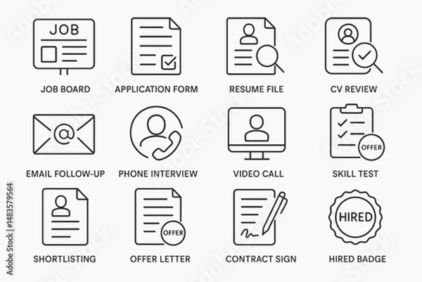 Fototapeta Job recruitment icons set: application, interview, resume, skills, contract, hiring