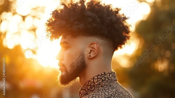 Fototapeta Portrait of a man with curly hair and beard in profile bathed in warm sunlight. The golden hour illuminates his face and patterned shirt emphasizing texture and light.