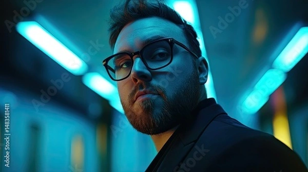 Fototapeta Portrait of a man with glasses under blue neon lights inside a train. The man is wearing a black blazer with a serious expression, looking slightly off-center.