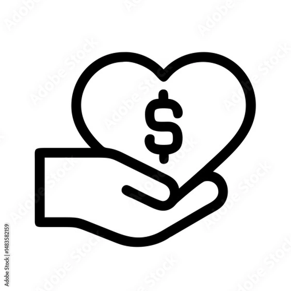 Fototapeta Financial Donation Icon – Heart in Hand with Dollar Symbol:
Icon of a hand holding a heart with a dollar symbol, representing financial donations, generosity, and charitable support.