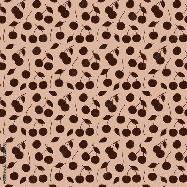 Fototapeta Seamless pattern with chocolate brown cherry and leaf silhouettes on a mocha background. Suitable for packaging, textiles, wallpapers,