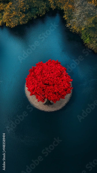 Obraz Solitary red Tree in a river Circle Aerial View 