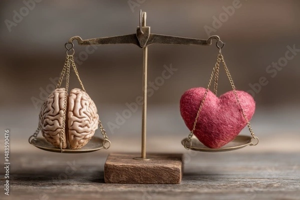 Fototapeta A brain and a heart are carefully balanced on a vintage scale, set against a rustic wooden background. The scene symbolizes the ongoing struggle between rational thought and deep emotions.