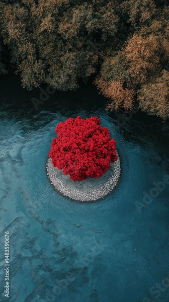 Obraz Solitary red Tree in a river Circle Aerial View 