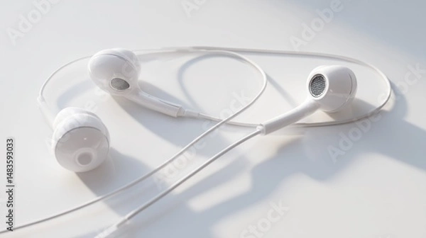 Fototapeta White earbuds on a white surface
