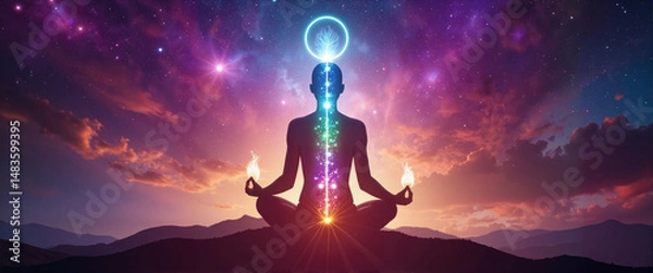 Fototapeta Enlightened figure meditating with radiant chakras in cosmic space, inner peace
