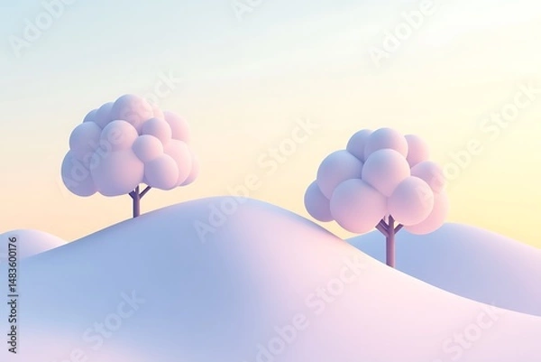 Obraz Surreal 3d rendered landscape with stylized trees on rolling hills under a pastel gradient sky. Abstract fantasy world digital art background for creative projects