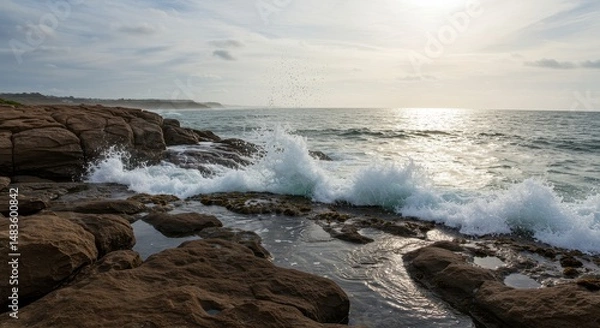 Fototapeta Ocean Waves Crashing on Rocky Coastline