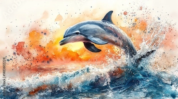 Fototapeta Dolphin leaping in sunset ocean splash