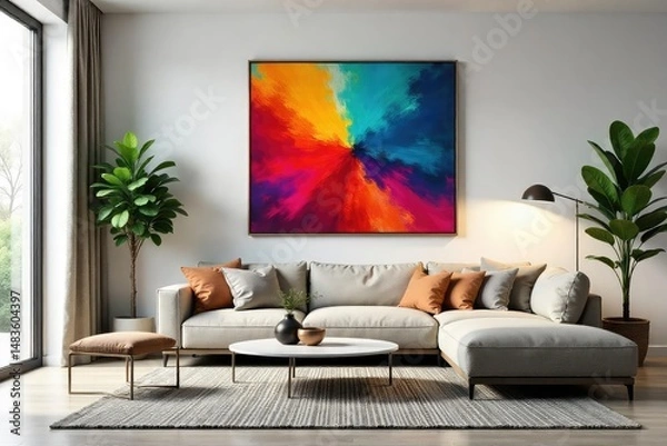 Fototapeta Stylish living room with modern furniture and decor, featuring a comfortable sofa and statement artwork , texture, residential