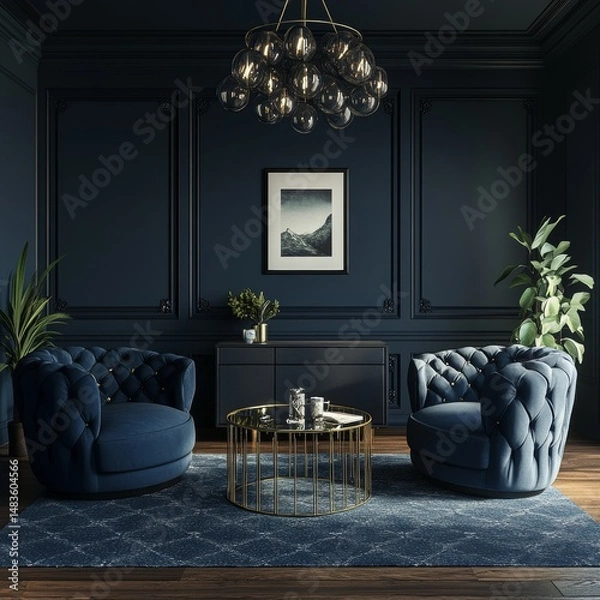 Fototapeta Dark blue home interior with old retro furniture, hipster style, 3d render
