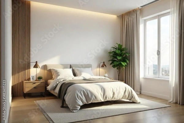 Fototapeta Modern minimalist bedroom, clean lines, neutral tones, space, bed