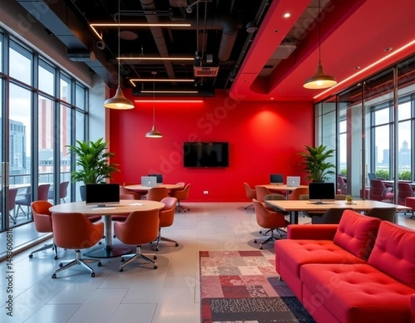 Obraz an interior office space with modern design elements. red walls create a vibrant backdrop, contrasting with the cool tones of the room's furnishings