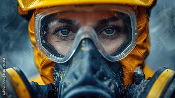 Obraz Close-up of a worker wearing a yellow protective helmet, goggles, and a full-face respirator, emphasizing safety, health, and protection in hazardous environments.  
