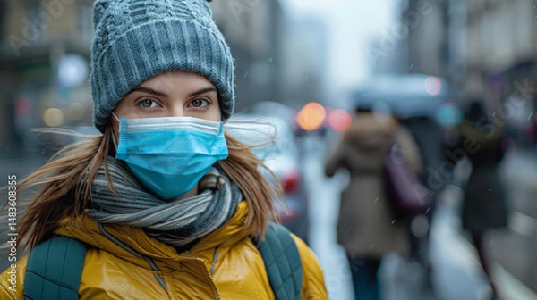 Obraz Young woman wearing a protective face mask, beanie, and winter jacket, standing on a busy city street, highlighting public health, safety, and urban life.  
