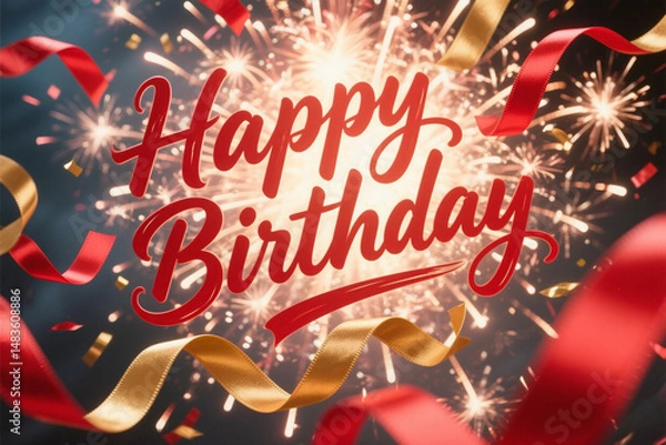Obraz Red and gold festive birthday scene with elegant bokeh, floating ribbons, and a realistic confetti burst. Classy calligraphy adds sophistication, perfect for celebrations and invitations.

