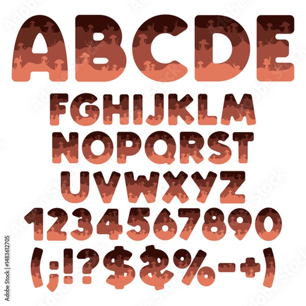 Obraz Font, alphabet, letter, number from layers with mushrooms and snails. Isolated vector objects on white background.